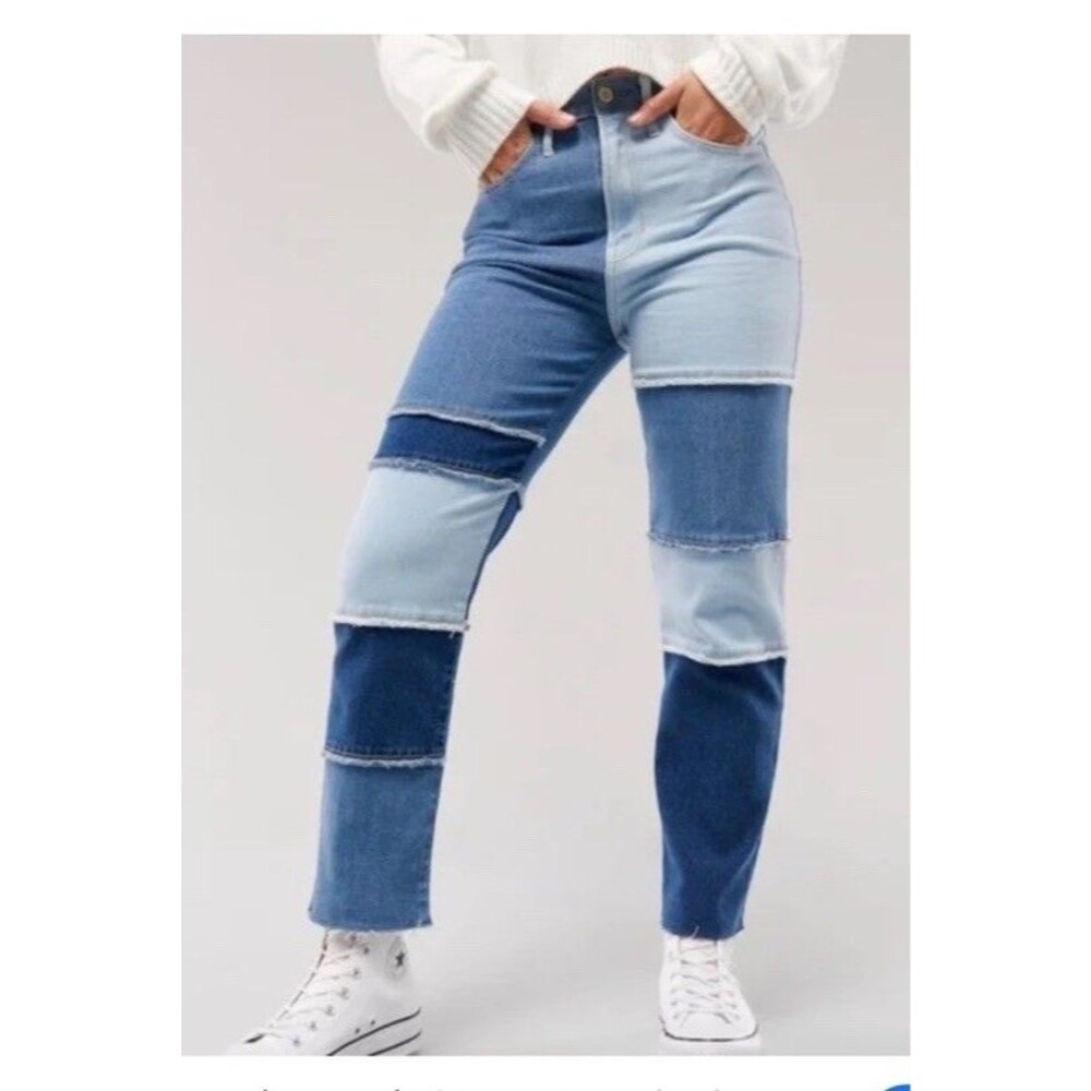 Hollister Jeans 31w 27L Blue Patchwork Color Block Raw Hem Ultra High-rise Woman